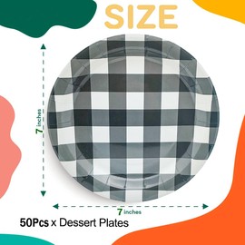 50Pcs Gingham Party Supplies 7"Black and White Gingham Paper Plates Black White Checkered Plate Disposable Pinkand White Plaid Plates for Baby Shower Wedding Picnic BBQ Birthday Party Decor (Black)