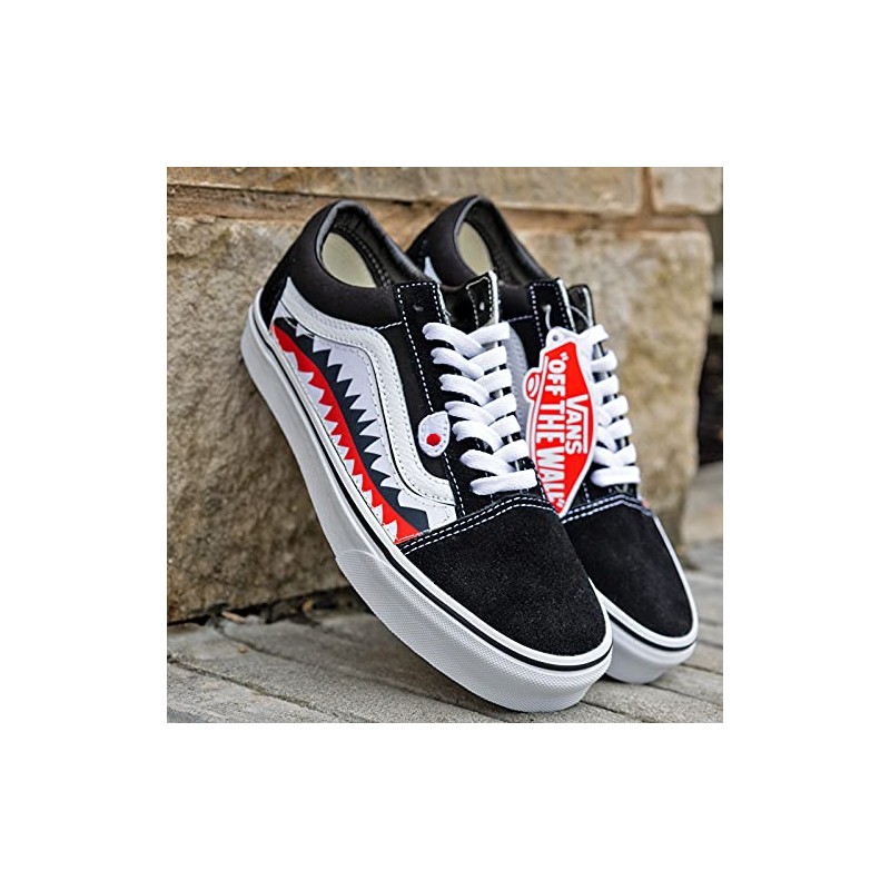 Black Old Skool x Shark Teeth Pattern Custom Handmade Shoes