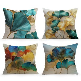LANBEIDE Teal Gold Ginkgo Cushion Cover, Set of 4 Ginkgo Leaves Pillow Cover Outdoor Throw Pillow Case Decor Home Livingroom Sofa Couch 18"x18"(45x45cm)