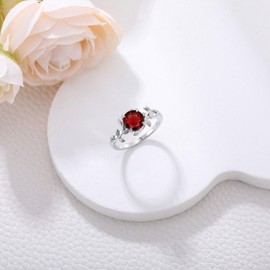 FYBIOD Leaf Design Vine Natural Garnet Ring for Women Sterling Silver Twig Art Deco Round Garnet Birthstone Ring Jewelry Gift for Her Size 8
