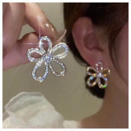 Allereya Vintage Crystal Flower Earrings Rhinestone Flower Dangle Earrings Silver Cz Flower Stud Earrings Hollow Flower Petal Earrings Jewelry for Women and Girls