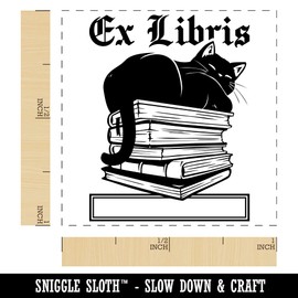 Ex Libris Cat on Stack of Books Reading Self-Inking Rubber Stamp Ink Stamper - 1 Inch Small - Black Ink