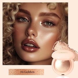 Resaltador en polvo horneado, iluminador facial de alto brillo, iluminador facial ligero y brillante de perla, acabado luminoso (#4 dorado)