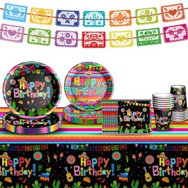 Mexican Fiesta Party Supplies Tableware Set Mexican Cinco De Mayo Themed Tableware with Paper Plates Napkins Cups Tablecloth Banner for Mexican Fiesta Party Decorations, Serves 24