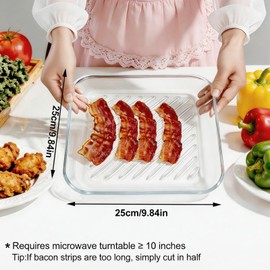 HoPliGhe Microwave Bacon Cooker Pan, Square Glass Bacon Tray for Microwave and Oven 9.84inch, Cook Crispy Strips in Minutes, No Mess, Easy to Clean