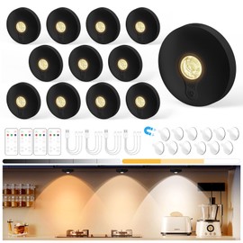 Yiliaw Rechargeable LED Puck Lights with Remote Control, 1500mAh Magnetic Under Cabinet Lighting, Closet Push Tap Light, Under Counter Lights for Kitchen, 12 Pack, Black