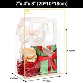 EUSOAR Clear Gift Bags with Handles, 6 Pcs 7"x4"x8" Small Transparent Totes Bags with Champagne Ribbon, White PVC Shopping Graduation Bag for Groceries Wedding Birthday Concerts Party Favors Concerts