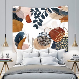 KOMLLEX Boho Mid Century Tapestry 59Wx51H Abstract Modern Leaves Plant Navy Blue Gold Wall Hanging Aesthetic Geometric Simple Neutral Minimalist Home Decor Art for Living Room Bedroom Dorm