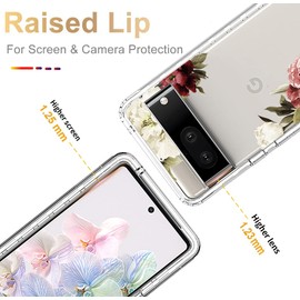 Yodueiv for Pixel 7/Google 7 Case with Tempered Glass Screen Protector, Full-Body Cute Clear Floral Pattern Protective Phone Cover Case for Google Pixel 7 (Flower)