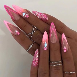 Press on Nails Almond French Tip Pink 24Pcs Glossy Full Cover Acrylic Medium False Nails with Rhinestone Designs Natural Artificial Almond Fake Nails with Glue Stick on Fingernails for Women