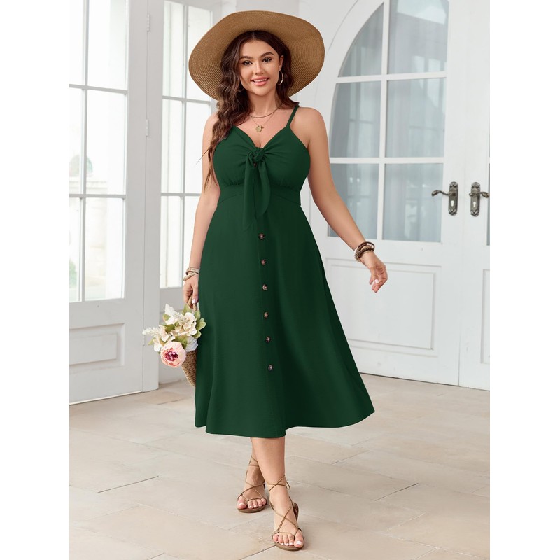 SCOMCHIC Plus Size Summer Dresses Tie Front V-Neck Spaghetti Strap