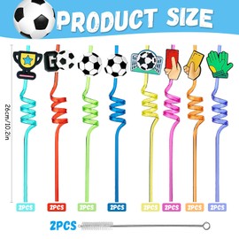 16 Stk Fußball Kinder Strohhalme, Lockige Party Trinkhalme Plastikstrohhalme Wiederverwendbare mit 2 Reinigungsbürsten, für Familienfeiern, Geburtstag Deko, Partys, Dekorationen zum Thema Fußball