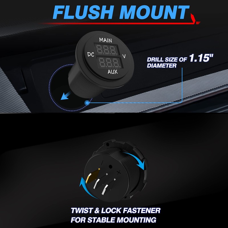 MICTUNING LED Digital Double Voltmeter, Round Panel Voltage Monitor Blue