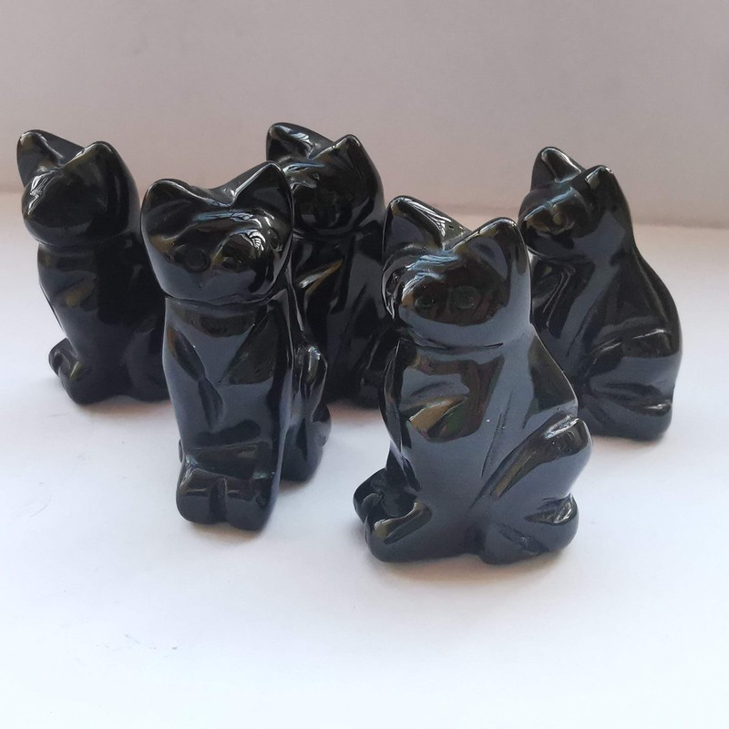 Lovionus89 Natural Black Obsidian Cat Crystals Stones Statue, 5cm Bag