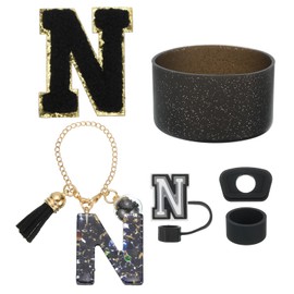 uxcell 6Pcs Cup Accessories Set for Cup Tumbler with Handle, Including Silicone Straw Cover, Boot, Spill Proof Stopper, Handle Charm, Initials Sticker(Letter N, Black)