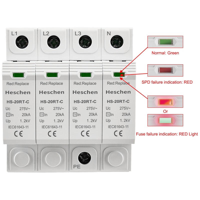 Heschen Surge Protector SPD, HS-20RT-C, 4P 275VAC 20KA, Integrated Replaceable