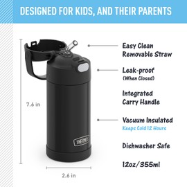 THERMOS FUNTAINER Botella de acero inoxidable con aislamiento al aspiradora para niños, de 12 onzas, color negro