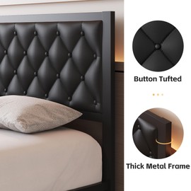 Fluest Fluest Queen Bed Frame with Headboard PU Leather Upholstered Bed Frame Platform,All Metal Slats Support Platform Bed Frame with Storage Space,Easy Assembly,Noise Free,No Box Spring Needed,Black