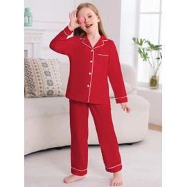 Veseacky Girls' Red Christmas Pajama Set 100% Cotton PJ Button Long Sleeve 2 Piece Pajamas Set Boys Girls Pjs for Ages 5-14(Red,130)