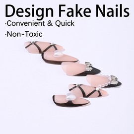 French Tip Press on Nails with Almond French Bow Fake Nails Designs Glossy Black Acrylic Medium Press ons Stick on Nails Heart False Nails Rhinestones Nails Design for Women Girls Manicure 24Pcs