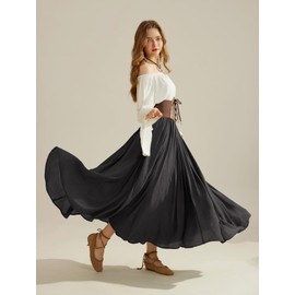SCARLET DARKNESS Women's Medieval Maxi Skirt High Elastic Waist Long Casual Skirt with Pockets, black