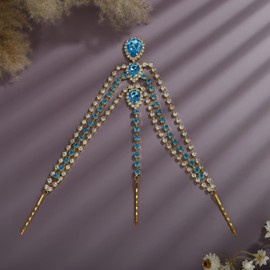 YERTTER Bohemian Full Gold Rhinestone Chain Blue Crystal Head Chain Clip Drop Pendant HeadPieces Forehead Headband Hair Accessories for Wedding Brides Party Prom Costume (Gold Blue)