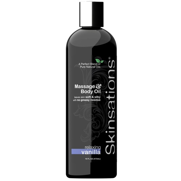 Skinsations - Body Massage Oil - Vanilla 16oz | Edible Blend of Sweet Almond Oil, Fractionated Coconut Oil, Grapeseed Oil, Jojoba Oil with Enticing Vanilla Scent, Body Oil Gift for Him and Her