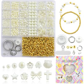 nikkiGuo 1300 PCS Pearl Beads for Jewelry Making, 4 Sizes Round Pearls with Gold Beads, Butterfly Heart Shell Flower Cross Star for Bracelets Necklaces Earrings DIY Crafts