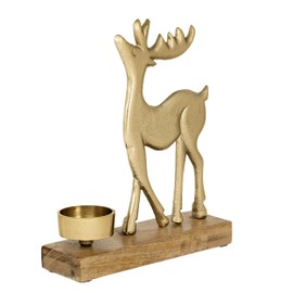 EGLO LIVING Tea Light Holder with Decorative Reindeer Baliguian, Christmas Decoration Windowsill Living Room, Table Decoration Christmas Deer, Wood in Natural and Metal in Gold, 18 x 20 cm