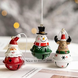 Set of Christmas Bell Ornaments, 3pcs 2¾'' Xmas Tree Hanging Decorations, Jingle Bells Ornaments with Cute Figurinein Red White Green, Santa Claus, Snowman, and Reindeer (Small Size) - 3Cd3s1