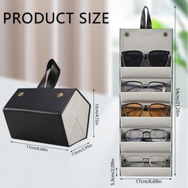 AMONENZ 5-Way Foldable Glasses Box, Portable Black Leather Glasses Box for Multiple Glasses, Sunglasses Organiser for Storing Glasses, Sunglasses