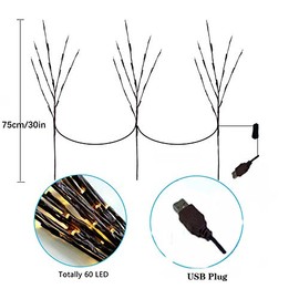 Lxcom Lighting luces de rama LED 3 paquetes de luces conectadas 60 LEDs ramas artificiales marrones iluminadas con USB enchufables, ramas decorativas de sauce para fiesta y boda, luz blanca cálida