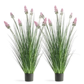 FloraFairy 4ft 2-Pack Horsetail Reed Grass with Purple Cockscomb Flower, 48in Tall Indoor Outdoor Green Onions Fake Plants in Pot, Home Office Decorative Artificial Plant & Greenery, Wedding Décor