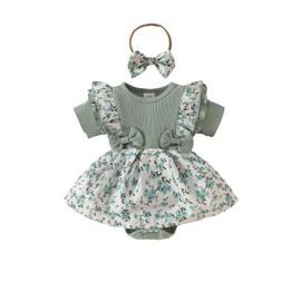 Infant Newborn Baby Girls Summer Rompers Dress Ruffle Sleeve Ribbed Bodysuit Floral Bowknot One-piece with Headband(Green,3-6M)