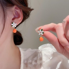 Xmsrn Vintage Flower Stud Earrings Oil Drop Flower Dangle Earrings Tiny Persimmon Earrings Orange Ball Dangle Earrings For Women, Zinc, No Gemstone
