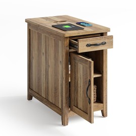 LINSY HOME Farmhouse End Table with Charging Station, Narrow Side Table for Living Room, Sofa Side Table with Drawer and Storage Cabinet, Small Nightstand for Home Office