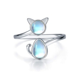 CHENGHONG Cat Ring 925 Sterling Silver Moonstone Ring Open Animal Rings Lucky Cat Jewelry Gifts for Women