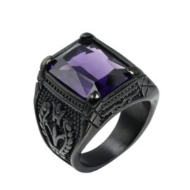 PMTIER Men's Classic Retro Stainless Steel Carved Flower Pattern Cubic Zirconia Square Cut Purple Gemstone Ring Wedding Band Black Plated Size 7