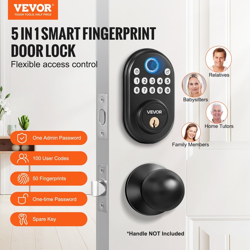 VEVOR Fingerprint Door Lock, with Fingerprint/Keypad Code/Key, One-Time and Anti-Peeking