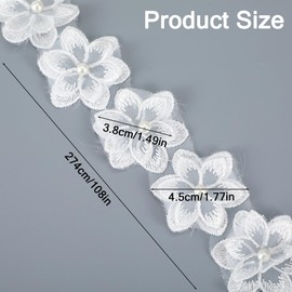 MBAIYO 3 Yards 3D Pearl Beads Embroidered Applique, Organza Flower Lace Trim Ribbon Floral Applique Embroidered Lace Fabric for Wedding Dress Embellishment DIY Sewing Crafts Home Decor White