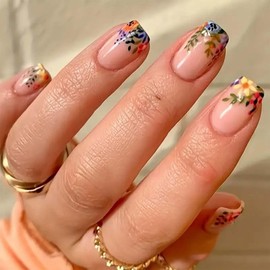 Flower Press on Nails Medium Square Fake Nails Nude False Nails with Design Floral Leaf Glue on Nails Glossy Full Cover Acrylic Nails French Artificial Stick on Nails for Women Girls Manicure 24Pcs