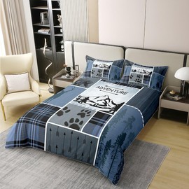 Adventure 100% Cotton Duvet Cover King Size 3 Pcs Wild Animal Paw Print Decor Bedding Set for Kids Teens Adults Blue Plaid Jungle Trees Mountain Farmhouse Comforter Cover with 2 Pillowcases