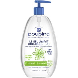 POUPINA - Baby Cleansing Gel Anti-Irritation 97% Natural, 0 Sulfate 0 Soap, Hypoallergenic with Witch Hazel - Bath Body Hair Face, Vegan Made in France, 485 mL