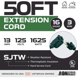 Iron Forge Cable Weatherproof Outdoor Extension Cord 50 ft, 2 Pack, 16/3 SJTW Heavy Duty Green Extension Cord 3 Prong, 13 AMP Weatherproof Exterior Power Cable for Outside, Landscaping & Lawn