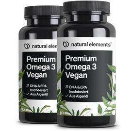 natural elements Premium Omega 3 Vegan (Set of 2) - 2 x 60 Capsules - 2000 mg Algae Oil, 800 mg DHA and 400 mg EPA per Daily Dose - Omega-3 for Vegans - High Dose, without Unnecessary Additives