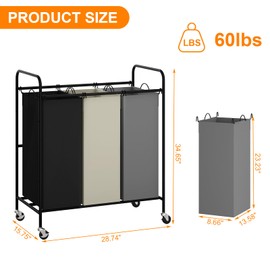 GarveeHome 3-Bag Laundry Sorter Cart, 120L Rolling Laundry Hamper with Lockable Wheels, 3 Section Large Laundry Basket Organizer for Dirty Clothes, Toys Storage Laundry Cart