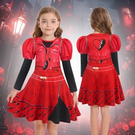 Jurebecia Descendants Costume Dress for Girls Rise Red Dress Up Kids Cosplay Party Outfits with Wig 9-10 Years