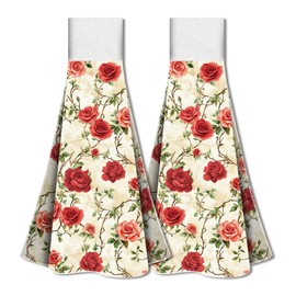 WADORN Küchenhandtuch Zum Aufhängen Mit Rosenblüten 2er Set, Handtuch Mit Schlaufe Und Haken Saugfähig Zum Aufhängen Geschirrtuch Waschlappen Für Küche, 31.5x34.5cm