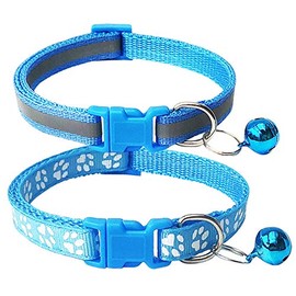 CHBORCHICEN 2-Pack Footprint & Reflective Cat Collar with Bell Basic Dog Cat Collar Buckle Adjustable Polyester Cat Dog Collar or Seatbelts (Small, Sky Blue)