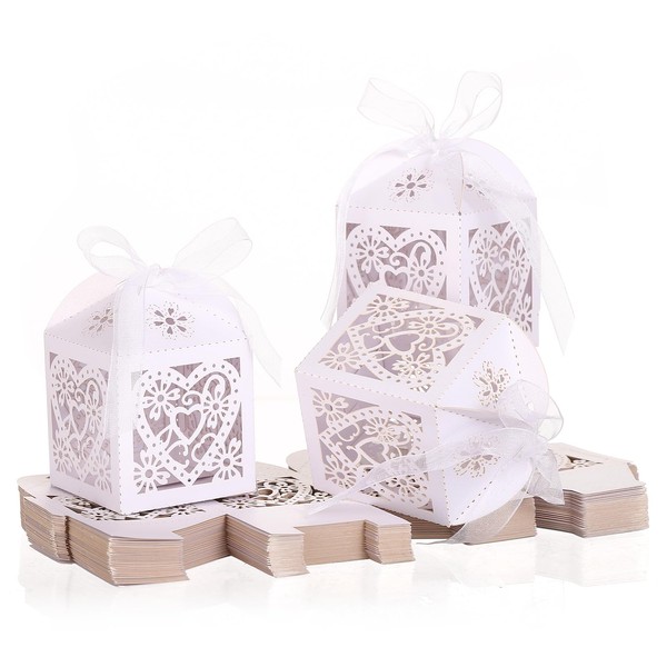 GWHOLE 60 Pcs Wedding Gift Boxes, Wedding Favor Boxes with Ribbon for Wedding, Anniversary, Christmas, White